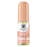 Packaging for Bar Juice 5000 Peach Ice Nic Salt E-Liquid featuring a peach-colored bottle with a white and orange label, and a box with product details.